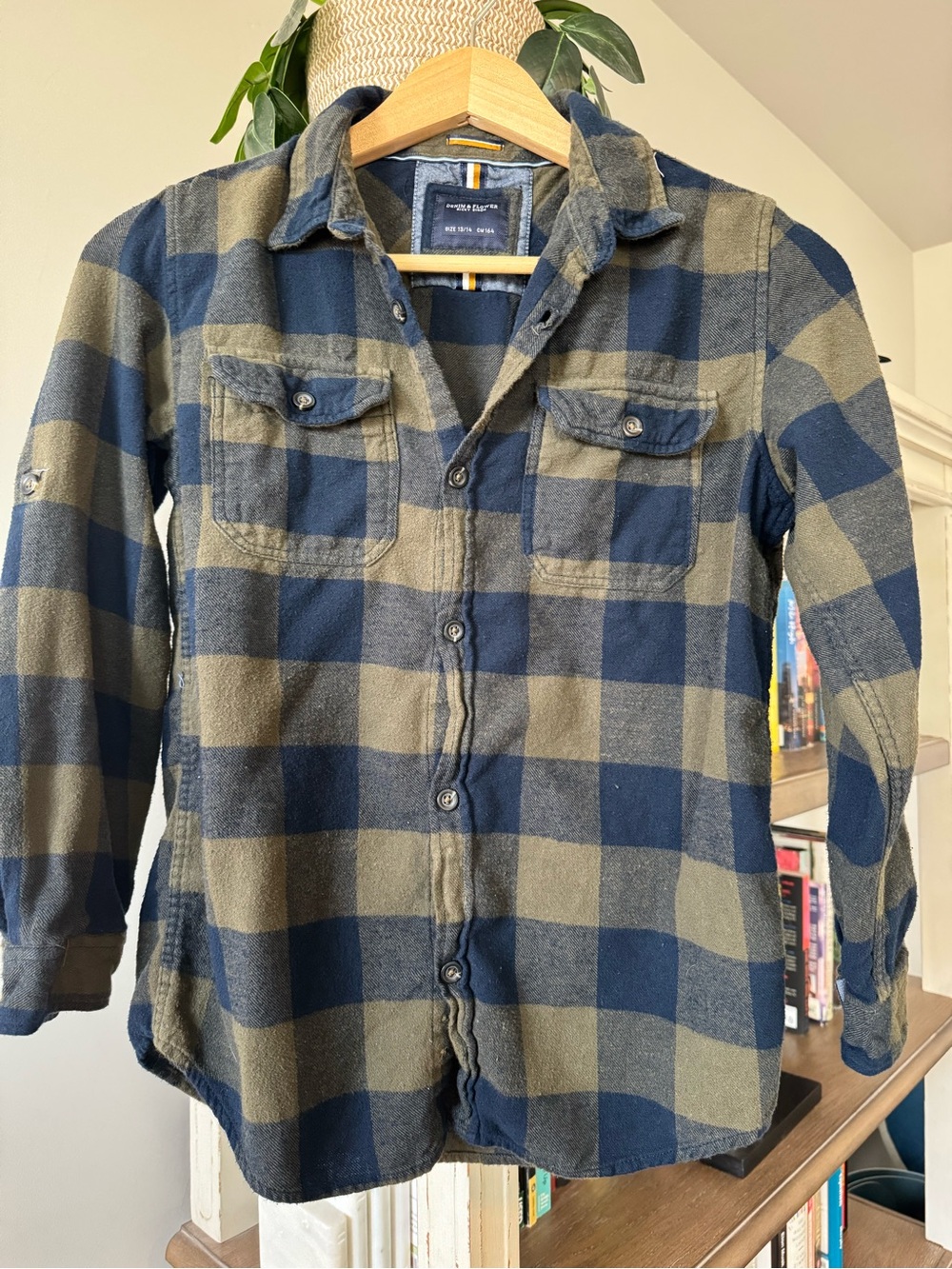Boy’s Denim & Flower Navy and Olive Plaid Button-Down Shirt size 13-14Y